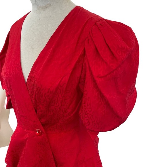 Vintage Mijoli Blouse Silk Puff Sleeves Iridescent Red Faux Wrap Top Sz 6 - Picture 7 of 16
